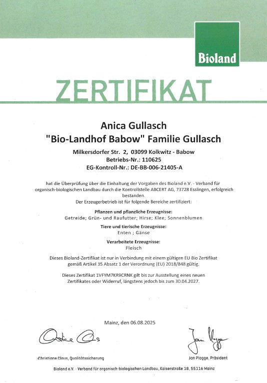 Zertifikat Bioland 2025